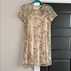 Floral Embroidered Sheer Overlay Dress - Nude/Peach